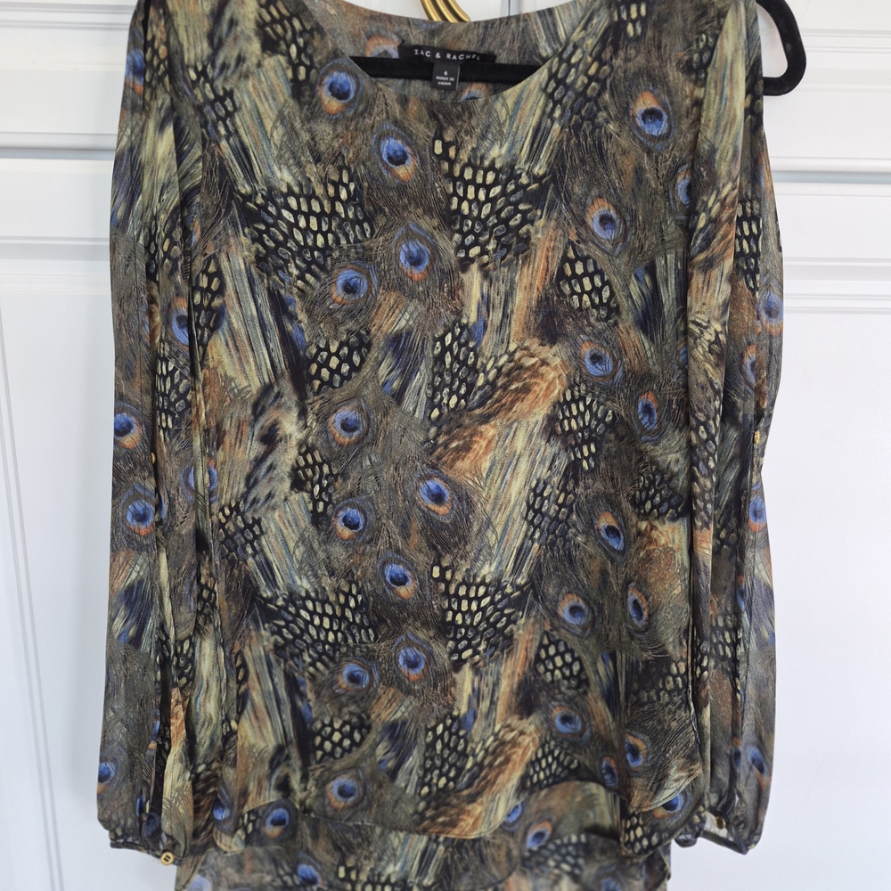 Zac & Rachel Peacock Feather Print Tiered Hem Small